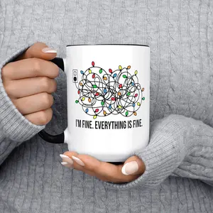 I'm Fine Everything Is Fine Coffee Mug, Funny Christmas Tangled Lights Quote, Holiday Humor Gag Gift