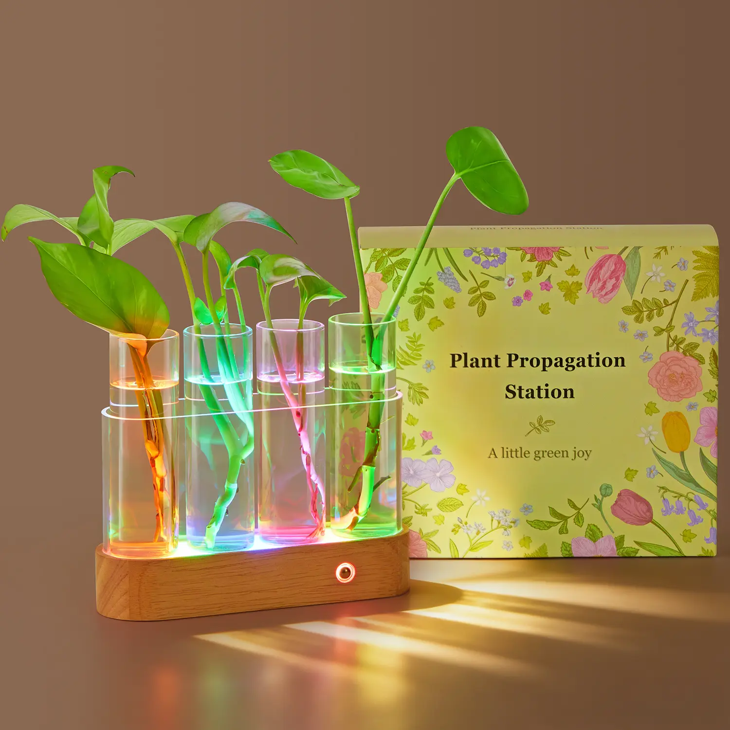 Modern RGB Plant Propagation Station with LED Grow Light, Glass Hydroponic Vase & Ambient Night Light for Home & Office Decor