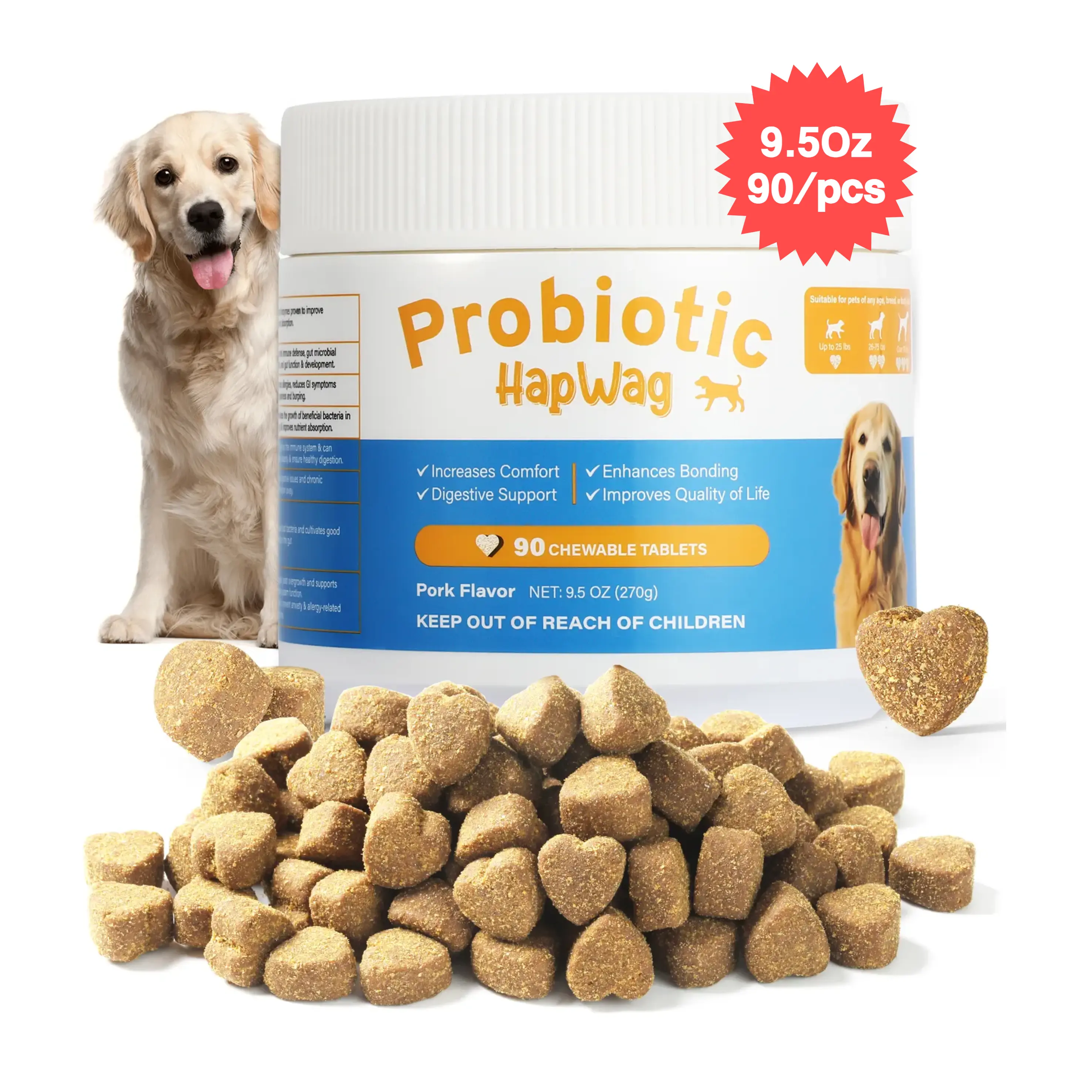 HAPWAG 8-in-1 Pork Flavor Chewable Dog Probiotics - 90 Count Canine Nutritional Supplement, Gut Health Support, Digestive & Immune Enhancement, Premium Ingredients