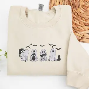Ghost and Black Cat Embroidered Halloween Sweatshirt – Cute Spooky Design with Bats and Four Playful Ghosts, Cozy Unisex Fall Pullover Perfect Halloween Outfit or Fall Birthday Gift