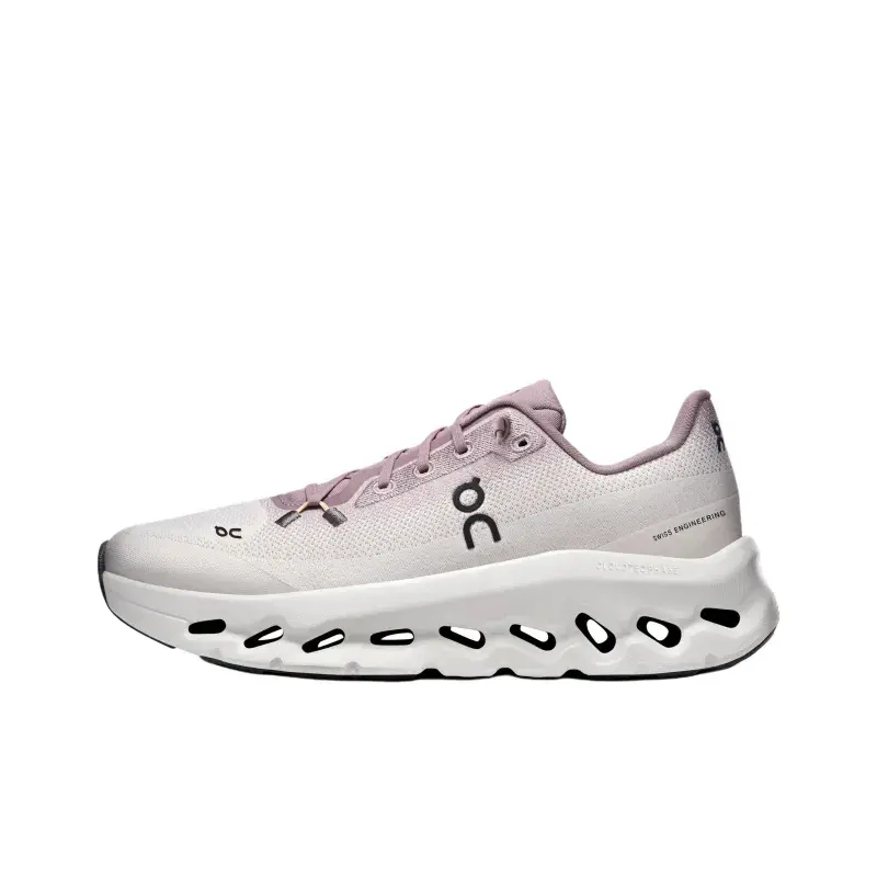 Men Unisex White Pink Gradient Mesh Low Top Running Shoes, Dusty Pink Laces, Hollow Wave Thick Sole Cushioning, Breathable Knit Upper, Light Soft Springy Feel, Daily Jogging Sneakers