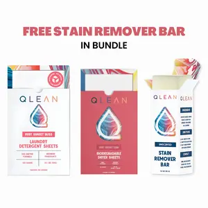 Qlean Complete Laundry Bundle | Detergent Sheets, Fabric Softener Dryer Sheets & FREE Stain Remover Bar | Plant-Based, Vegan, Eco-Friendly Laundry Care | 120 Loads Household Pack