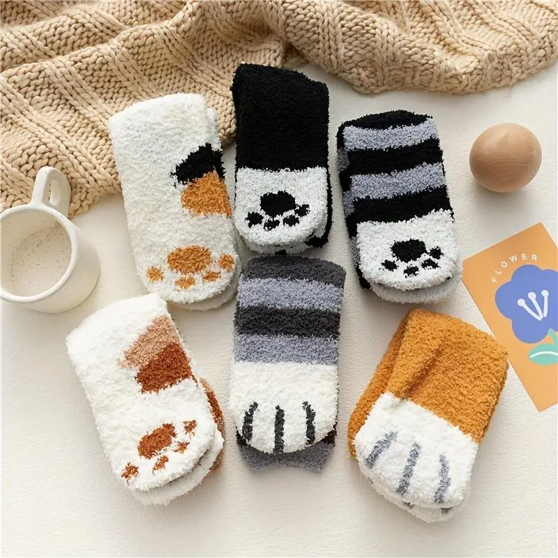 Cute Animal Cat Paw Kneesocks for Women, 12-Pair Soft Comfy Socks Set, Furry and Warm for Everyday Winter Wear, Animal Socks, Paw Socks