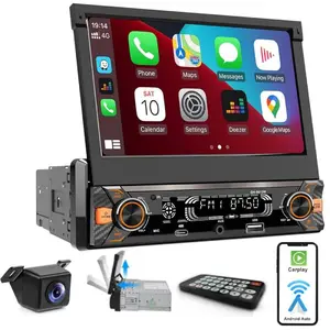 7" 1Din Motorized Flip Out Touchscreen Car Stereo – Wired Carplay & Android Auto, Bluetooth, Mirror Link, USB/TF/AUX/Type-C, 30-Band EQ, Fast Charger + Backup Camera! Universal Fit for Car, Van, RV, Pickup, Truck, Bus