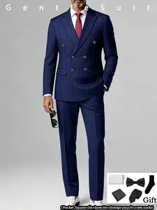 2026 New Men's Suit Set, Formal Wear, Striped Double-Breasted, Wedding Party Business Commute, High-End Slim Fit, Anti-Wrinkle, 8-Piece Set
