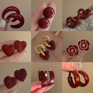 Silver Needle Ankora Red Heart Flower Stud Earrings for Women, 2026 New Style, Small-Circle Vintage Earrings with High-End and Exquisite Jewelry