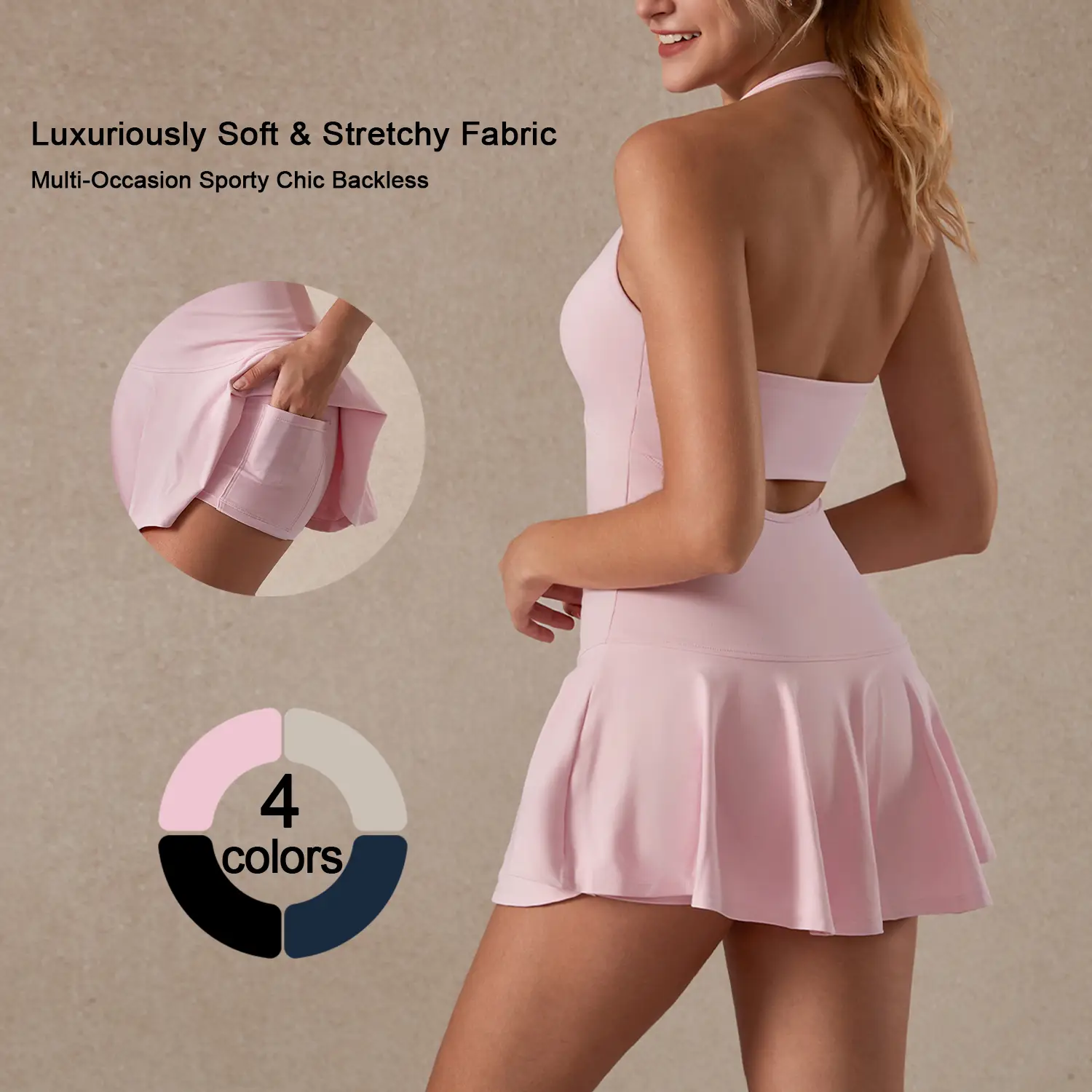 TimeOFF Women's Halter Backless Sporty Dress , Hidden Pockets, Soft Stretch , Ideal for Yoga, Tennis , Gym