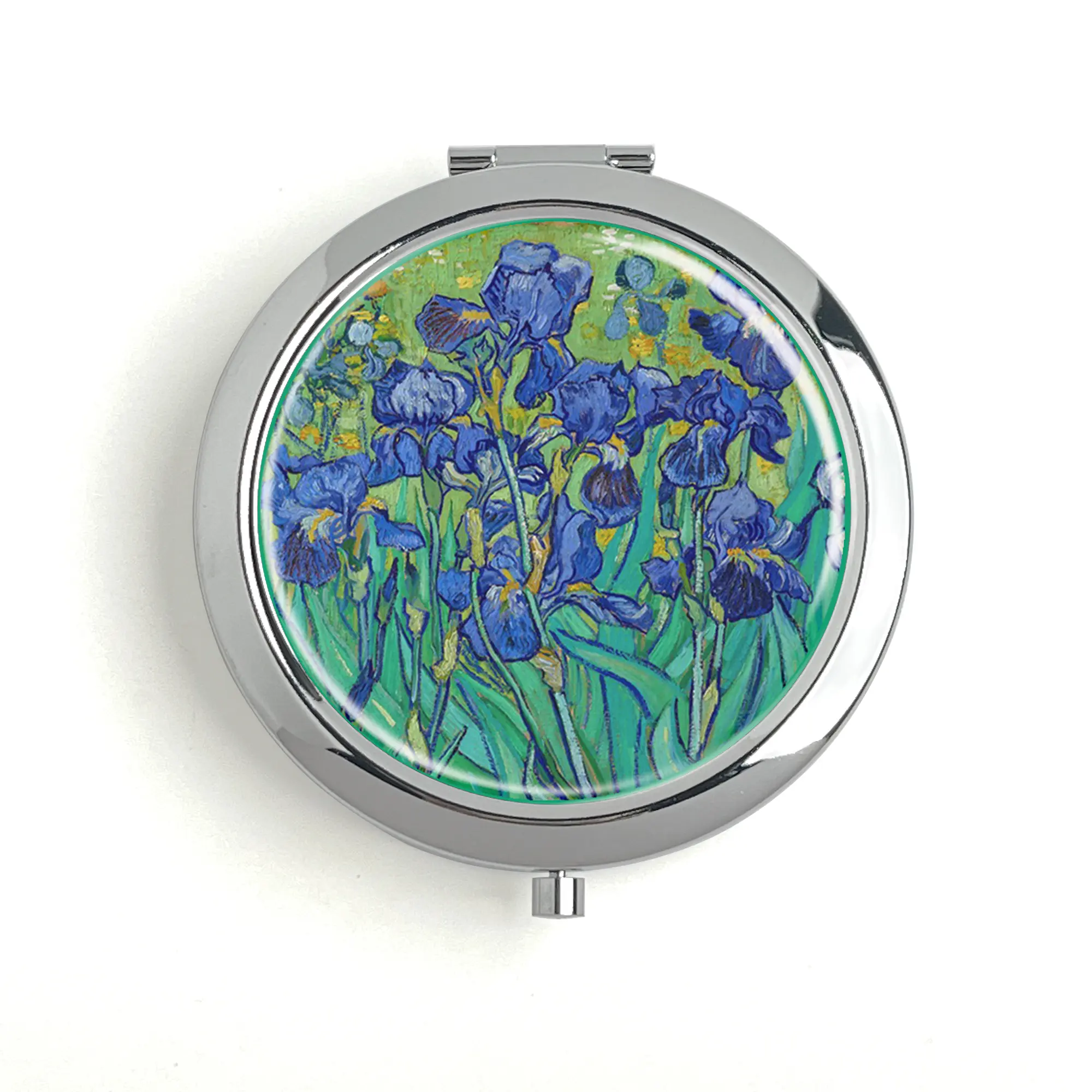 Van Gogh 1889 Irises Art Round Metal Pill Box - Elegant Compact Travel-Friendly Home Organizer, 60mm Inner Diameter, Lid, Built-In Vanity Mirror, Vitamin Storage