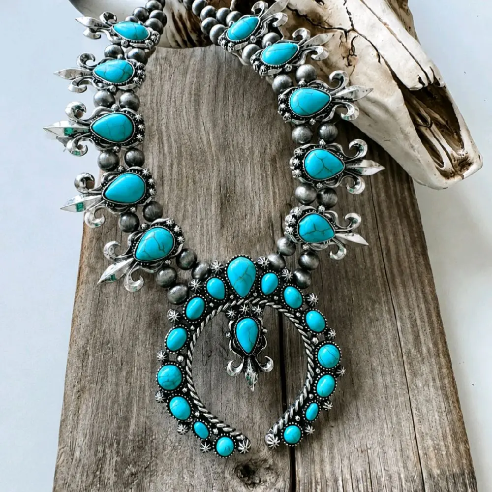 Western Chunky Semi-Stone Squash Blossom Necklace for Women, Bohemian Style Statement Jewelry