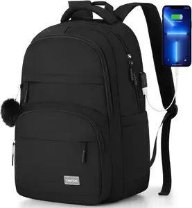 YAMTION 15 Inch Laptop Backpack for Women & Teens, Large Capacity Backpack with USB Charging Port & Cute Pom Pom Keychain, Water Resistant Multi-Compartment Bookbag for School, College, Work, Office, Daily Commute & Travel outdoorfun