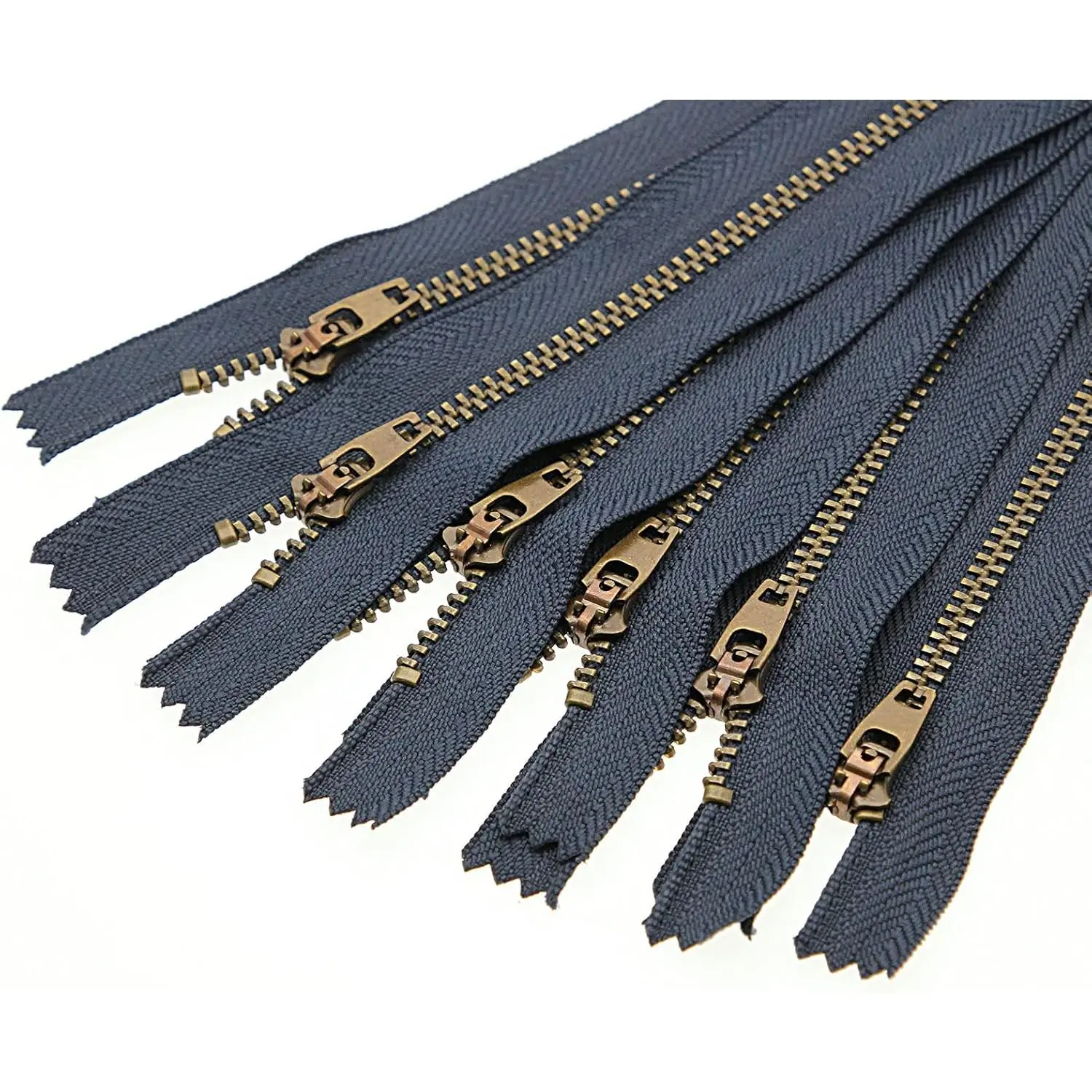 Metal Zipper for Jeans 4" Antique Brass Y-Teeth Zipper #4 Close End Jeans Zippers 4" 6 count,(Navy-Brass)