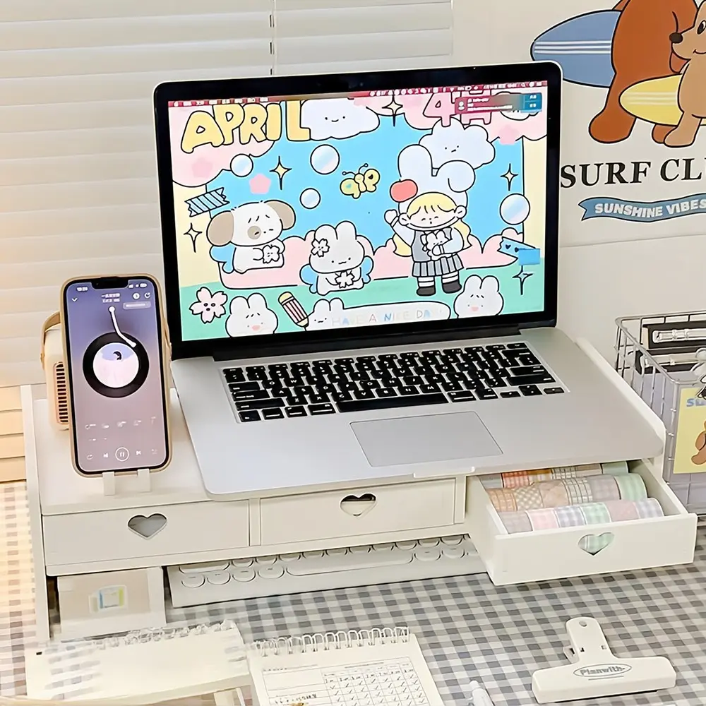 Computer Height Adjustable Stand Desk Organizer Desk Accessory Multi-Functional Desktop Storage Riser Laptop Drawer Pad Holder