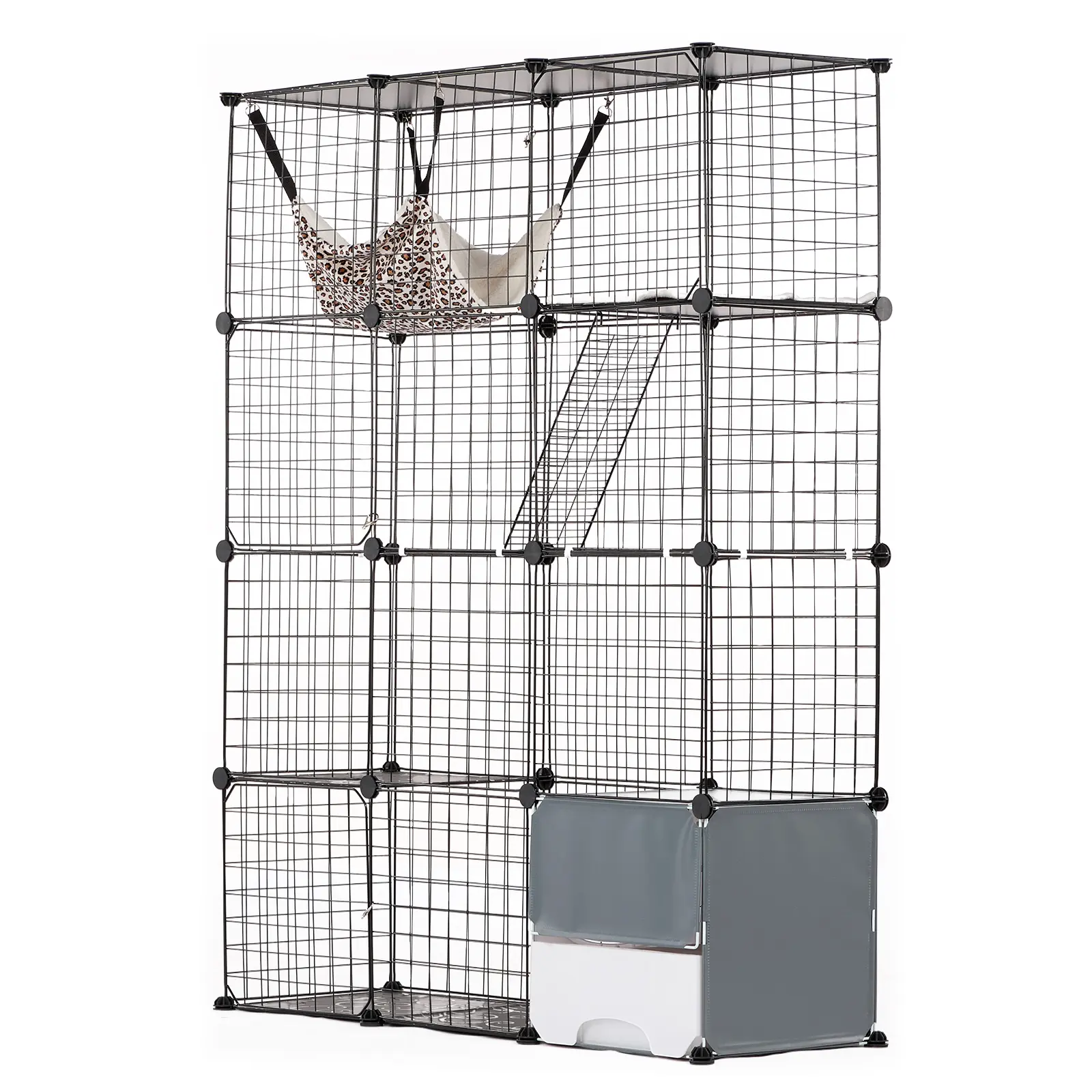 VEVOR 4-Tier Coated Metal Wire Cat Cage, 41x14x55in Collapsible Detachable Mesh Enclosure with 1 Hammock, Litter Box, Ramp, 1 Ladder, 150 Zip Ties, 16 Door Latch Buckles, Indoor/Patio Crate for Kitties
