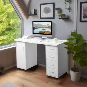 Karlhome Double-sided nail table with drawers, One door & Four drawers, Suitable for desks, Computer tables, Storage cabinets, and TV tables, White