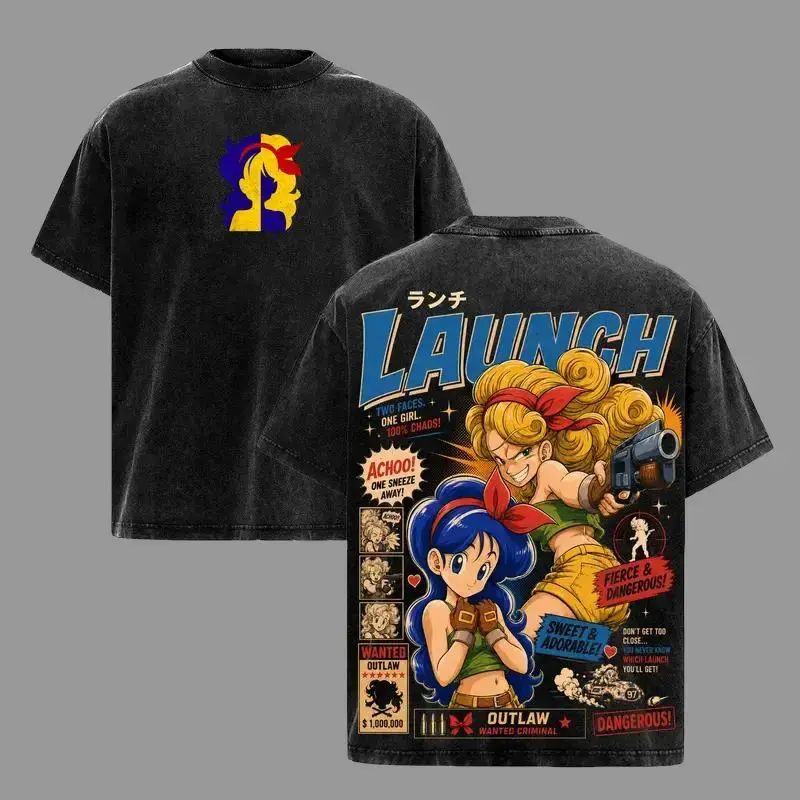 Launchh DBZ Graphic T-Shirt - Men's Short-Sleeve Unisex Cotton Distressed Vintage 90s Outlaw Anime Tee with Blonde Blue Hair Back Print, DBZ Streetwear Merch