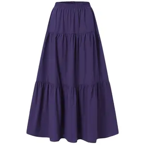 Charm Studio Women´s Casual Long Skirts, Solid Color Pleated Big Hem Elastic Waist Loose Fit Skirts, Simple Style Bottoms Cotton Fashion Maxi Womenswear Brown Check Light skirts Comfort Skirtswomen Fitted outfits bubble skirt outfits Purple