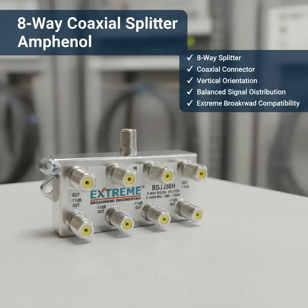 Amphhenol Extreme Broadband BDS108H Balanced Coaxial Splitter Device - 8-Way Vertical "F" Port Outputs, 1 Horizontal "F" Port Input, MoCA 1.1 Compliant, 5-1002MHz
