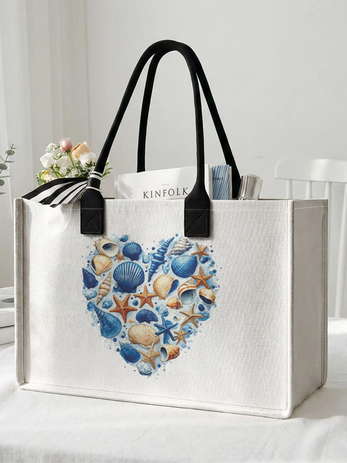 1 piece of shell starfish heart pattern 2D printed large capacity storage bag, extra large storage bag, sturdy handle, space-saving multi-purpose, suitable for going to school, traveling, shopping, Trendy Tote Bag, Durable Tote Bag
