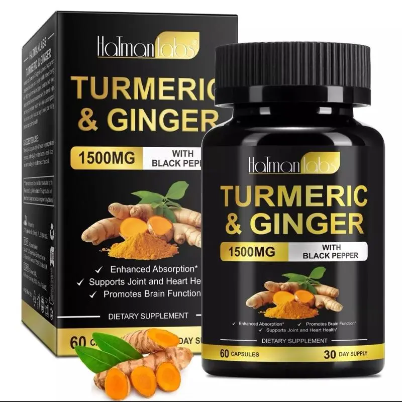 Turmeric Curcumin & Ginger Herbal Supplements, 1500mg Curcumin Blend, Vegan Botanical Formula, 60 Capsules with Black Pepper for Health Support
