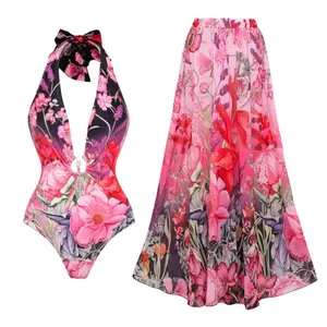 FLAXMAKER Women's Deep V Halter Backless Floral Print One-Piece Swimwear and Matching Cover Skirt Set Summer Swimdress Swimsuit & Coverup Bathing Suit Beachwear #TikTokShopBlackFriday