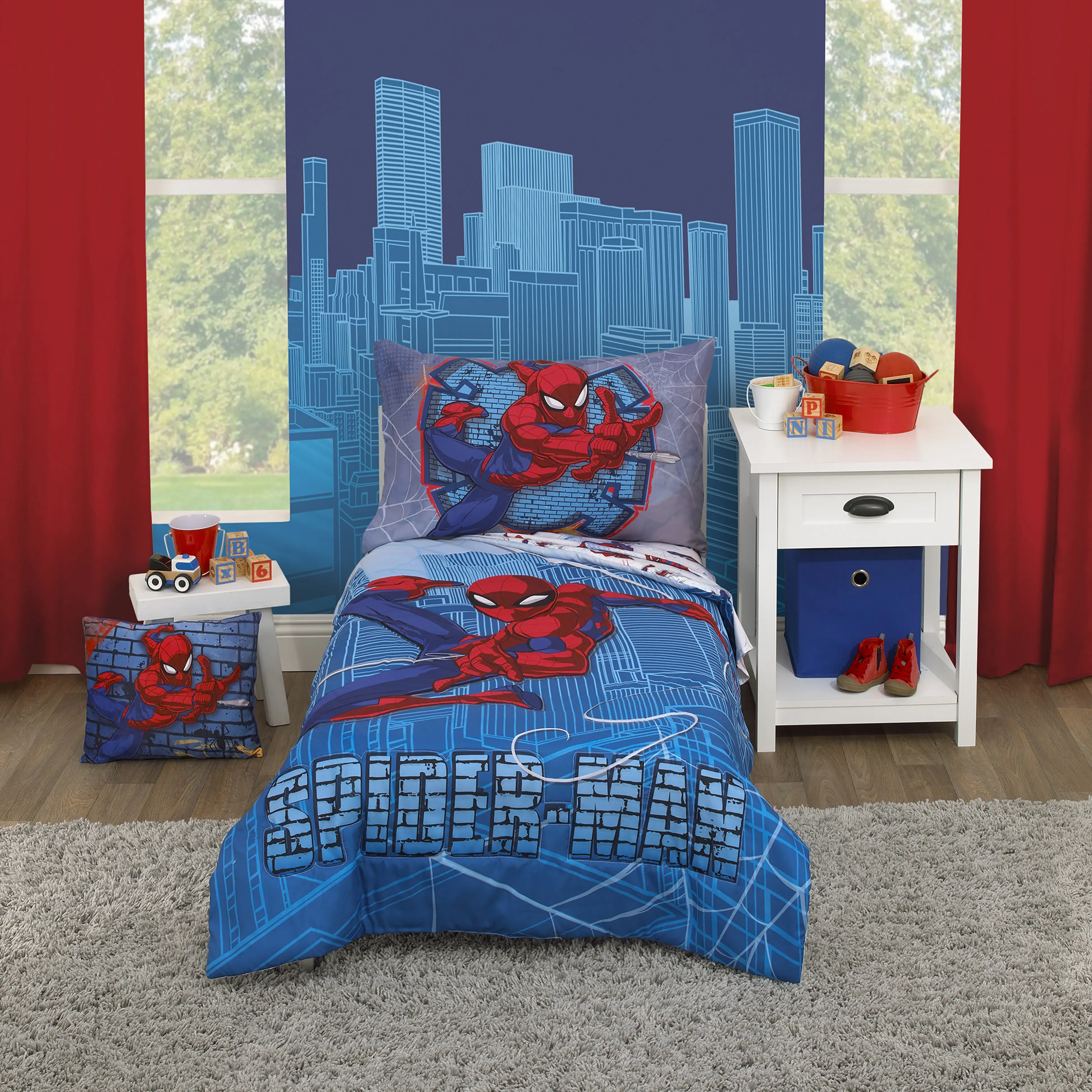 Marvel Spider-Man Wall Crawler Red, White, and Blue Spider Webs 4 Piece Toddler Bed Set - Comforter, Fitted Bottom Sheet, Flat Top Sheet, and Reversible Pillowcase