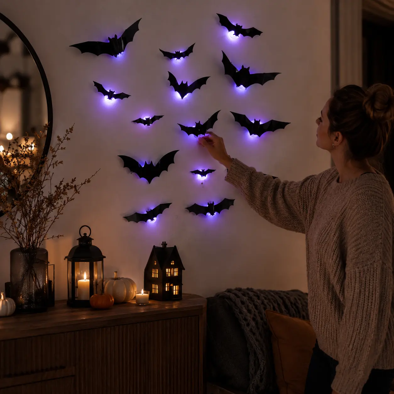 Spooky LED-Lighted Bat Wall Decorations, Bat-Shaped Lighted Wall Art for Festive Atmosphere, Easy Installation
