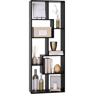 Asymmetrical Display Shelf & Bookcase, 5-Tier Modern Geometric Staggered Cube Shelving Unit for Living Room Home Office, White/Black
