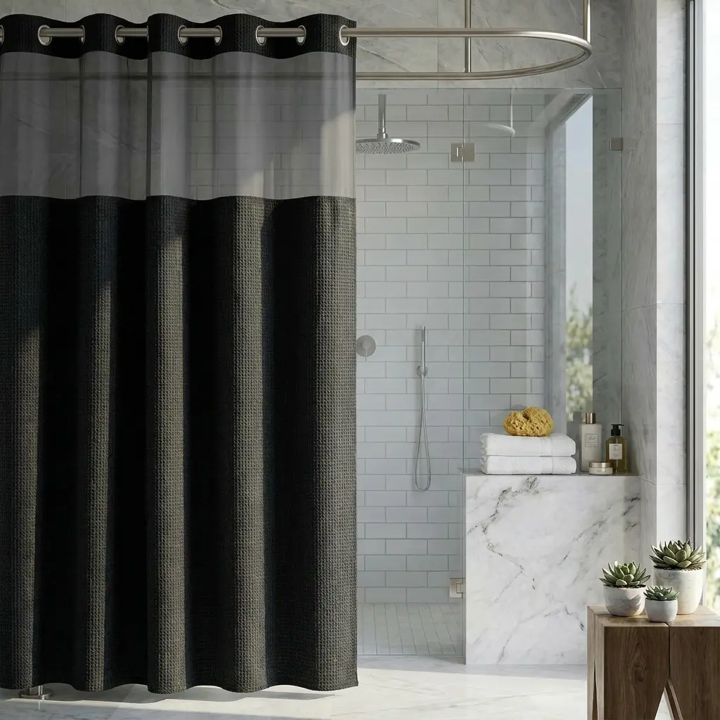 Black Hookless Waffle Weave Straight Shower Curtain Set, 72"x75" - Adjustable Snap-in Fabric Liner, Sheer Window, Anti-Slip Waterproof Double Layer, Hotel-Style Bathroom Pouch-Included Liner Set Shower Curtains, And Liner Set Shower Curtains