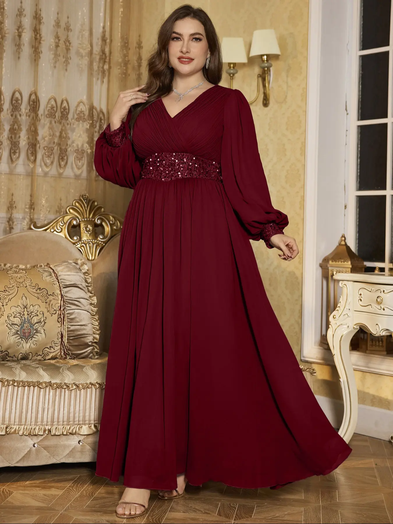 V Neck Pleated Long Sleeve Lantern Dress with Fitted Beaded Waist Decoration, Women Elegant Chic Aesthetic Formal Chiffon Maxi Gown for Lady Special Occasions