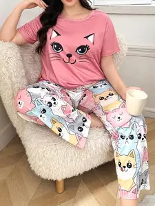 Plus Size Women's Cute Cat Print Top & Pants Pajama Set - Cartoon Animal Pattern, Short Sleeve, Round Neck, Loose Fit, Multicolor, Machine Washable, 2 Piece Set