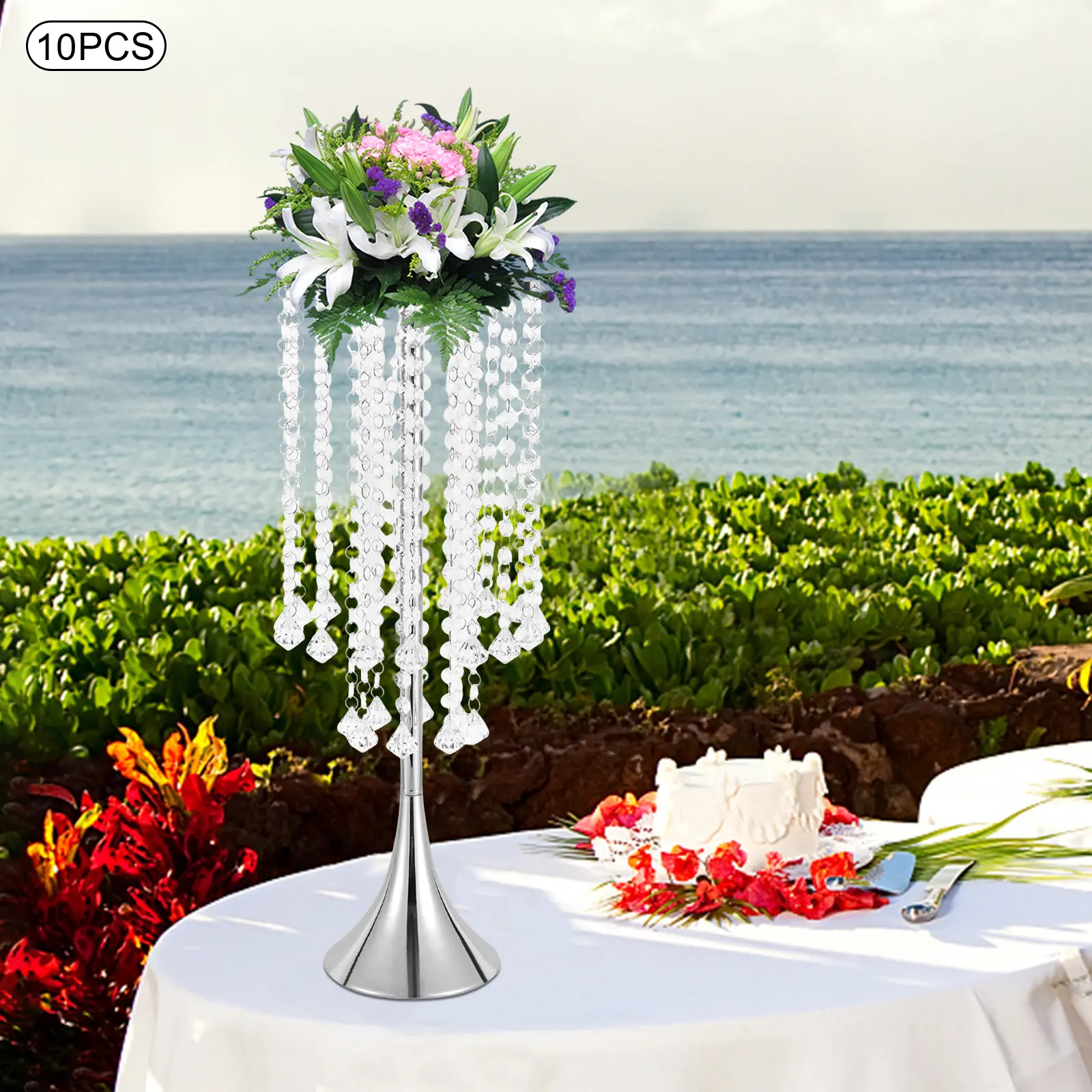 10-Piece Romantic Silver Crystal Flower Vase Set - Hand-Strung Acrylic Beads, Pendants, Electroplated Iron Trumpet-Shaped Durable European Home Supplies, Wedding Decor, Birthday Parties Shimmering Centerpieces (Bouquet, Artificial Floral Options), Glam