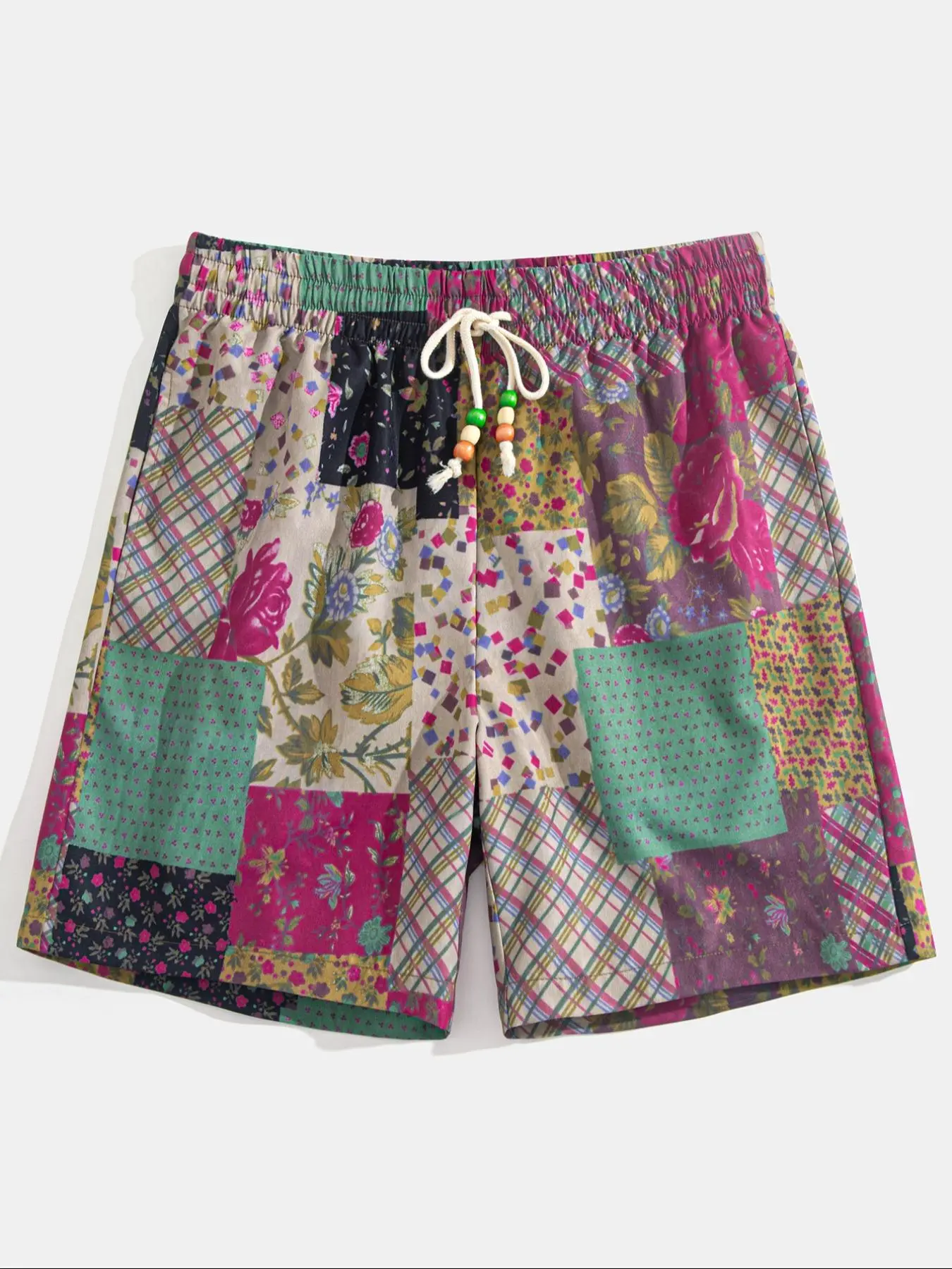 Men's Patchwork Print Shorts, Casual Streetwear Shorts, Casual Comfy Loose Fit Drawstring Waist Shorts for Summer, Men's Bottoms for Beach Vacation, Beach Shorts Clothes