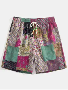 Men's Patchwork Print Shorts, Casual Streetwear Shorts, Casual Comfy Loose Fit Drawstring Shorts for Summer, Men's Bottoms for Beach Vacation