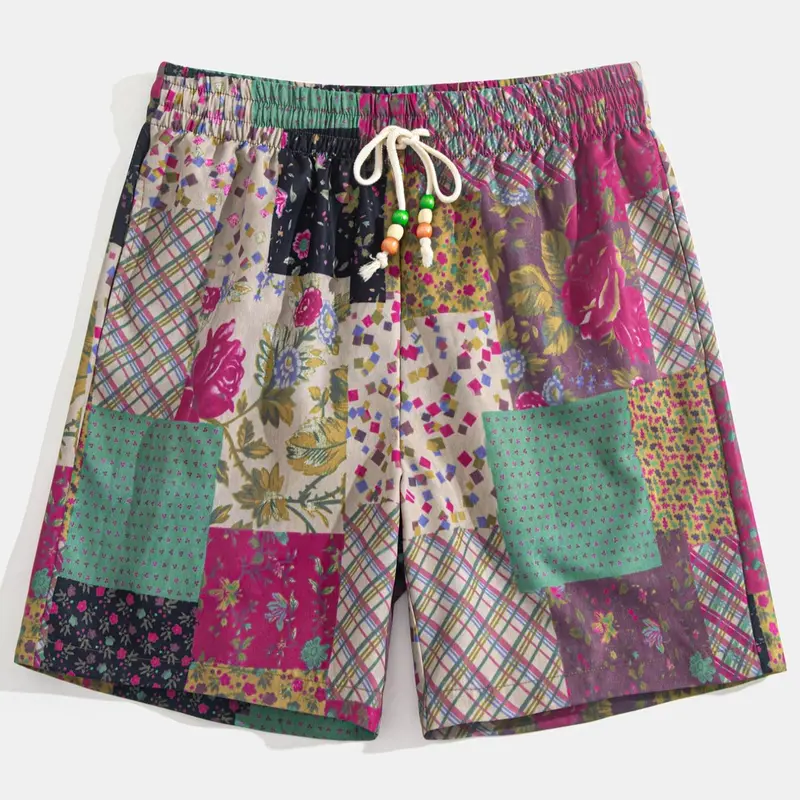 Men's Patchwork Print Shorts, Casual Streetwear Shorts, Street Style Shorts, Casual Comfy Loose Fit Drawstring Waist Shorts for Summer, Men's Bottoms for Beach Vacation, Beach Shorts Clothes, Drawstring Waisted Shorts