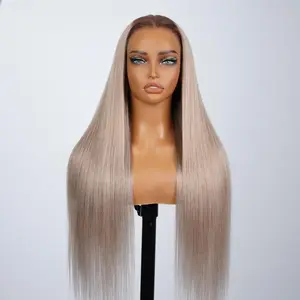 Arabella Hair Ash Blonde with Dark Roots 13x6 Ear to Ear Glueless Lace Front Wig 3-Step No Glue Installation 100% Human Hair Silky Straight/Wavy