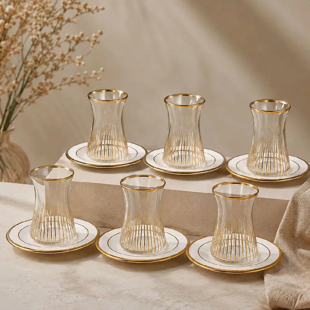 White and Gold Striped Lines Six Piece Tea Set
