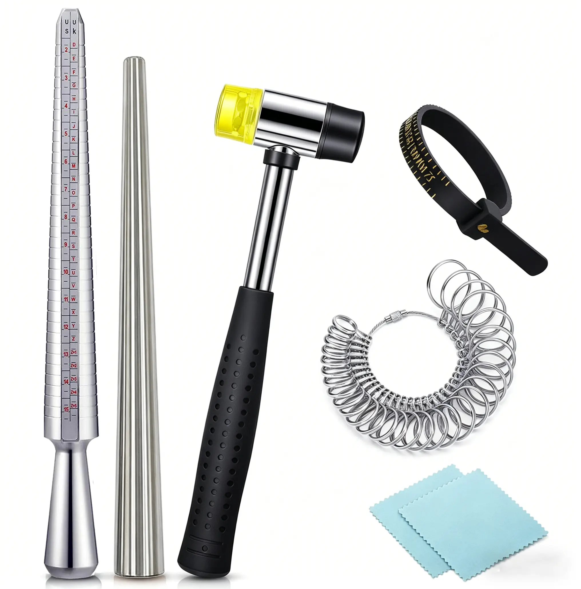 DIY Jewelry Making Complete Sizing Tool Kit - Metal Ring Mandrel (US/UK), 100% Accurate Sizer Gauge Set, Dual-Head Hammer, Measuring Tape, Polishing Cloths (Clear Permanent Markings, Flexible Quick Checks; Choking Hazard Small Parts)