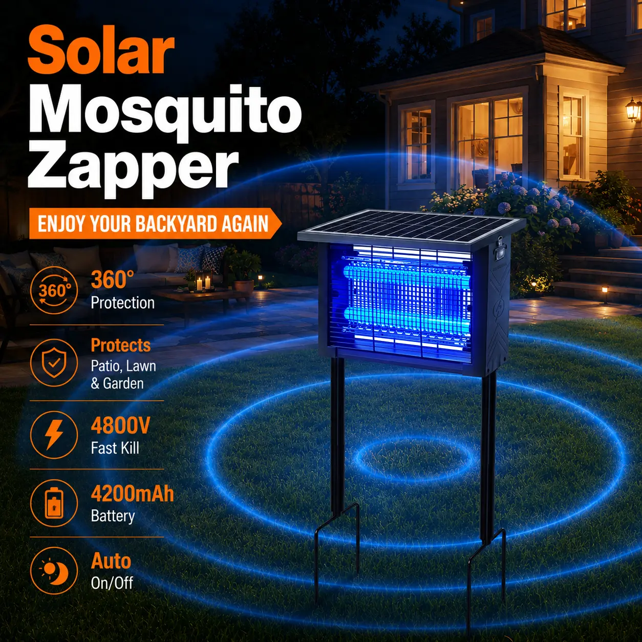 Outdoor Solar Rechargeable Mosquito Killer Lamp - Waterproof, 4800V High-Voltage Electric Grid, Dual Solar-USB Charging, Automatic On/Off, Mosquitozapper Bug Zapper Insect Repeller Electronic Mosquito Killers Fly Control Solutions for Courtyards, Gardens