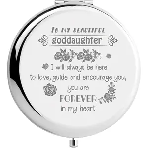 To My Beautiful Goddaughter Sliver Compact Mirror from Godmother Stainless Steel Love Encourage Personalized Mini Makeup Pocket Travel Engraved Mirrors Silver