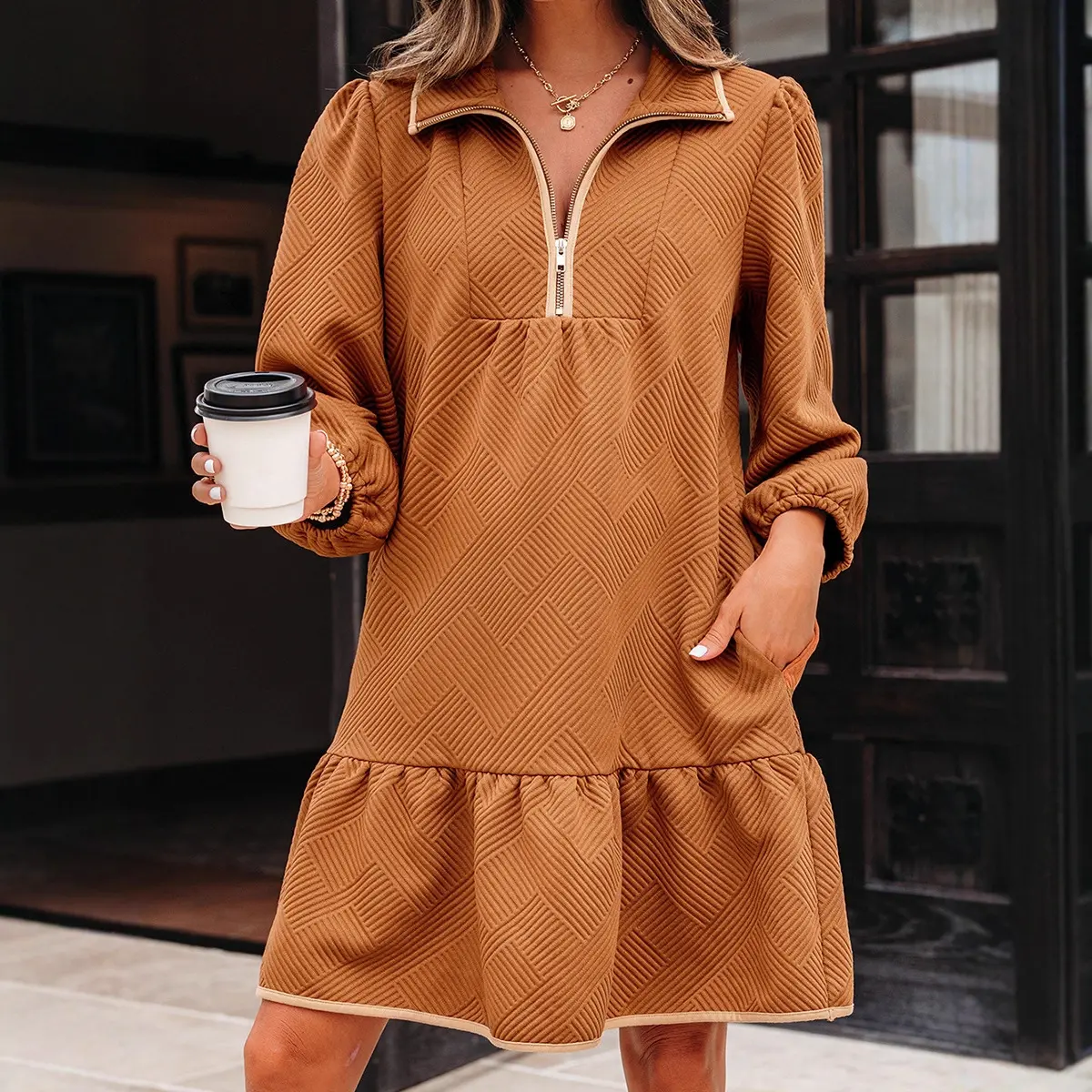 Green Quarter Zip Collar Bracelet Sleeve Textured Mini Dress