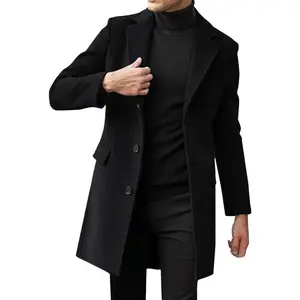 Mens Single Breasted Trench Coat Winter Pea Coat Notch Lapel Long Casual Overcoat