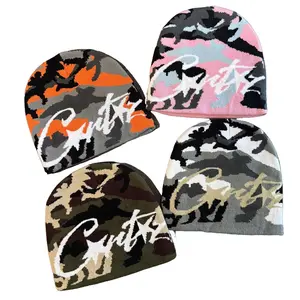 Unisex American Retro Letter Camo Beanie - Acrylic Knit Cap Hat, Thermal Insulating Streetwear Pullover, Vintage Embroidered Camo Skull Hat for Autumn Winter Cold Weather, Camo Skull Hats