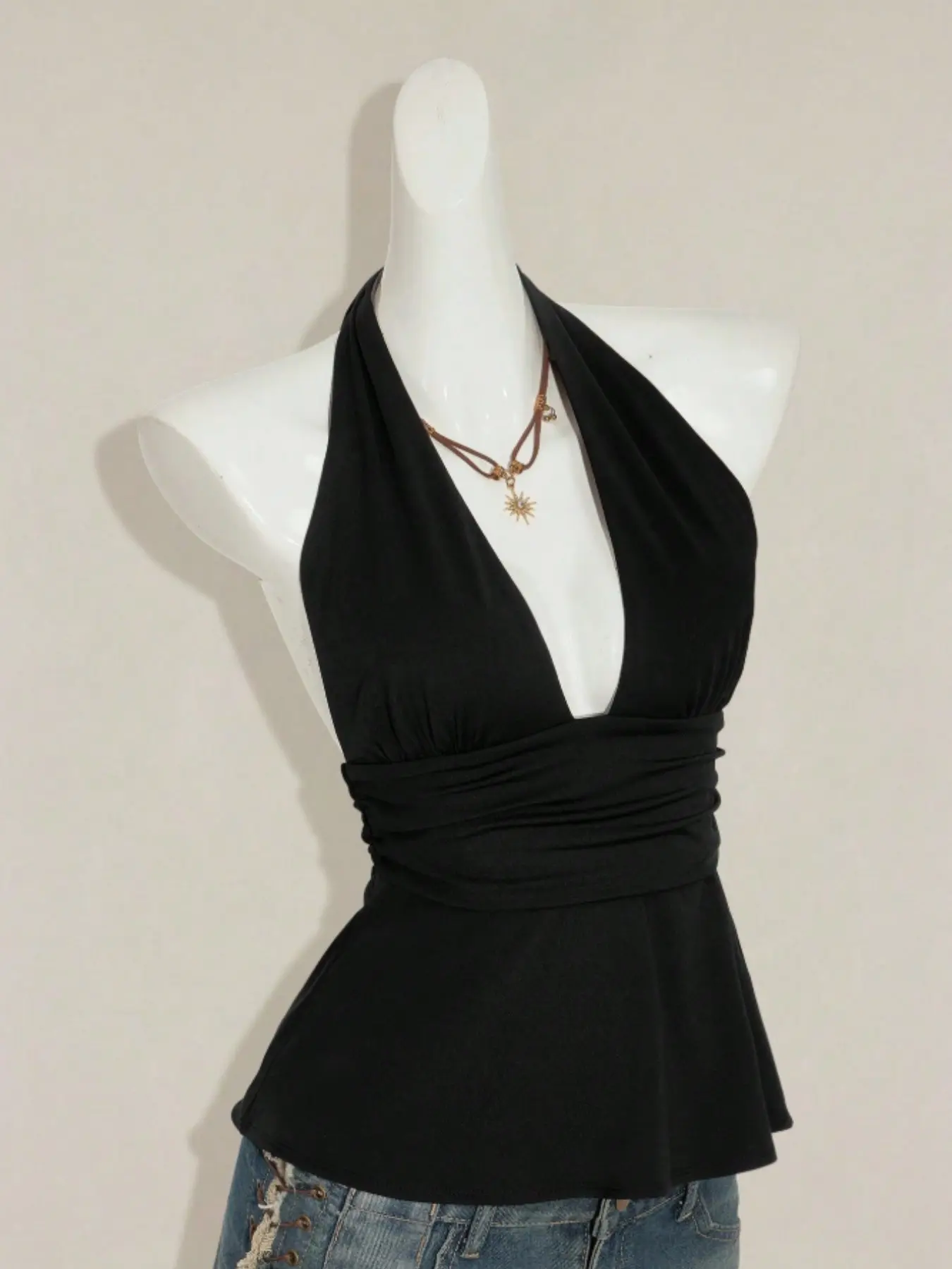 Vintage Sweetheart Halter Top, Deep V Neck, Waist Cinch Slimming, Ruffle Edge, Casual Daily Wear, Plain Color, All Seasons