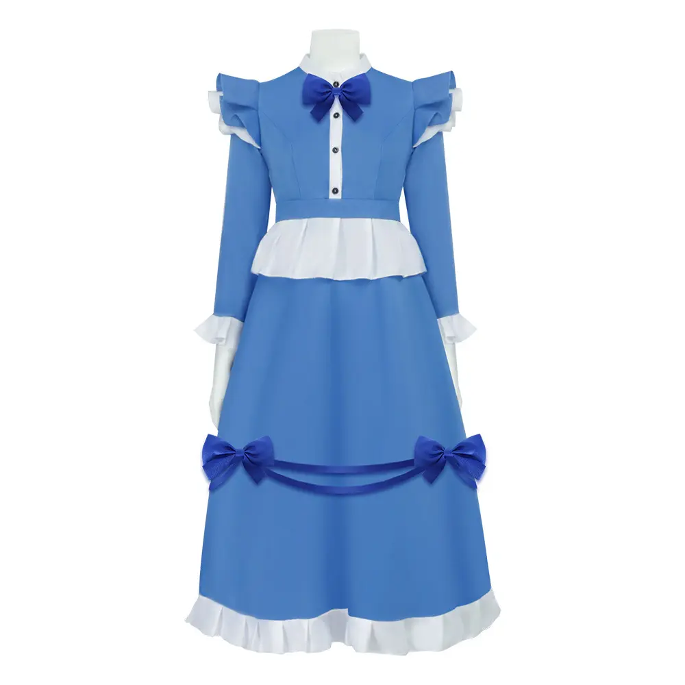Poppy Blue Maid Style Dress Cosplay Costume Set with Bow Tie Cummerbund Jewelry Headwear for Comic Con