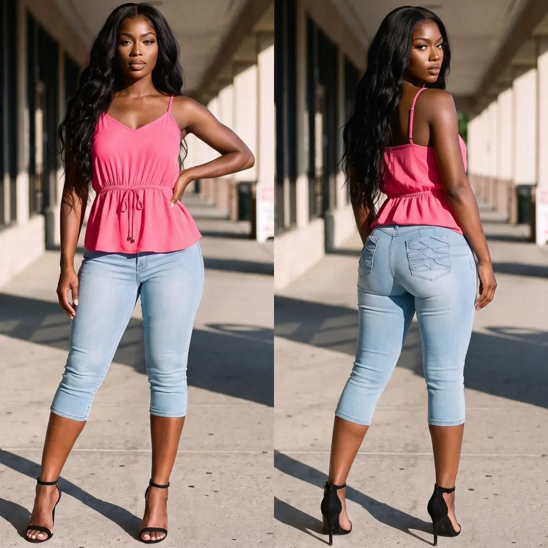 Push Up Super High Waisted Stretch Denim Capris Light Blue
