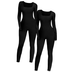 SeSe Code Women's Solid Ribbed Long Sleeve Jumpsuits With Thumbhole Yoga Workout Sport Jumpsuit