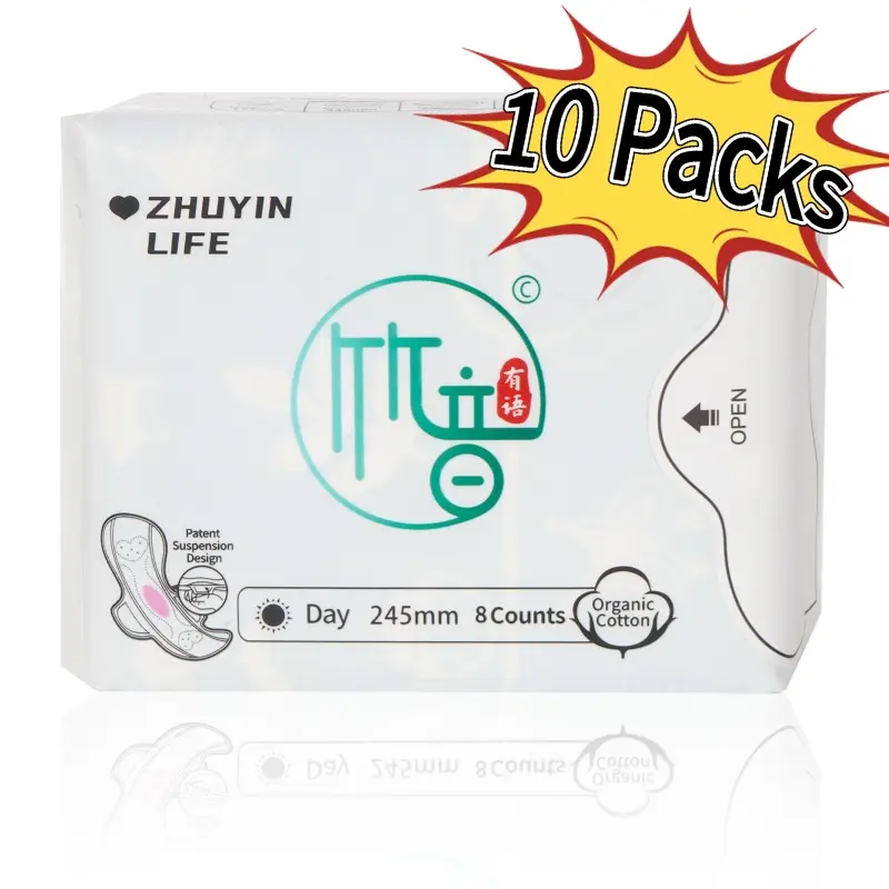 Zhuyin Super Pads-3/10 Packs Sanitary Napkin, Organic Cotton,NO Plastic, Unscented, Relieve Odor and Safe Menstrual Pads for Different Flow