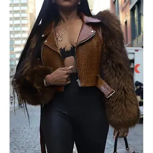 Women's Patchwork Faux Fur Jacket, Crocodile Texture Zipper Design, Casual Biker Style, All Seasons Wear, Stylish & Luxurious Look