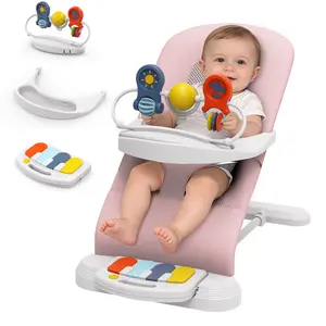 3-in-1 Baby Bouncer, 3-Speed Adjustable Height Baby Bouncer Seat, 4-in-1 Bouncer Seat for Babies 0-6 Months, Detachable Piano Pedals, Feeding Tray
