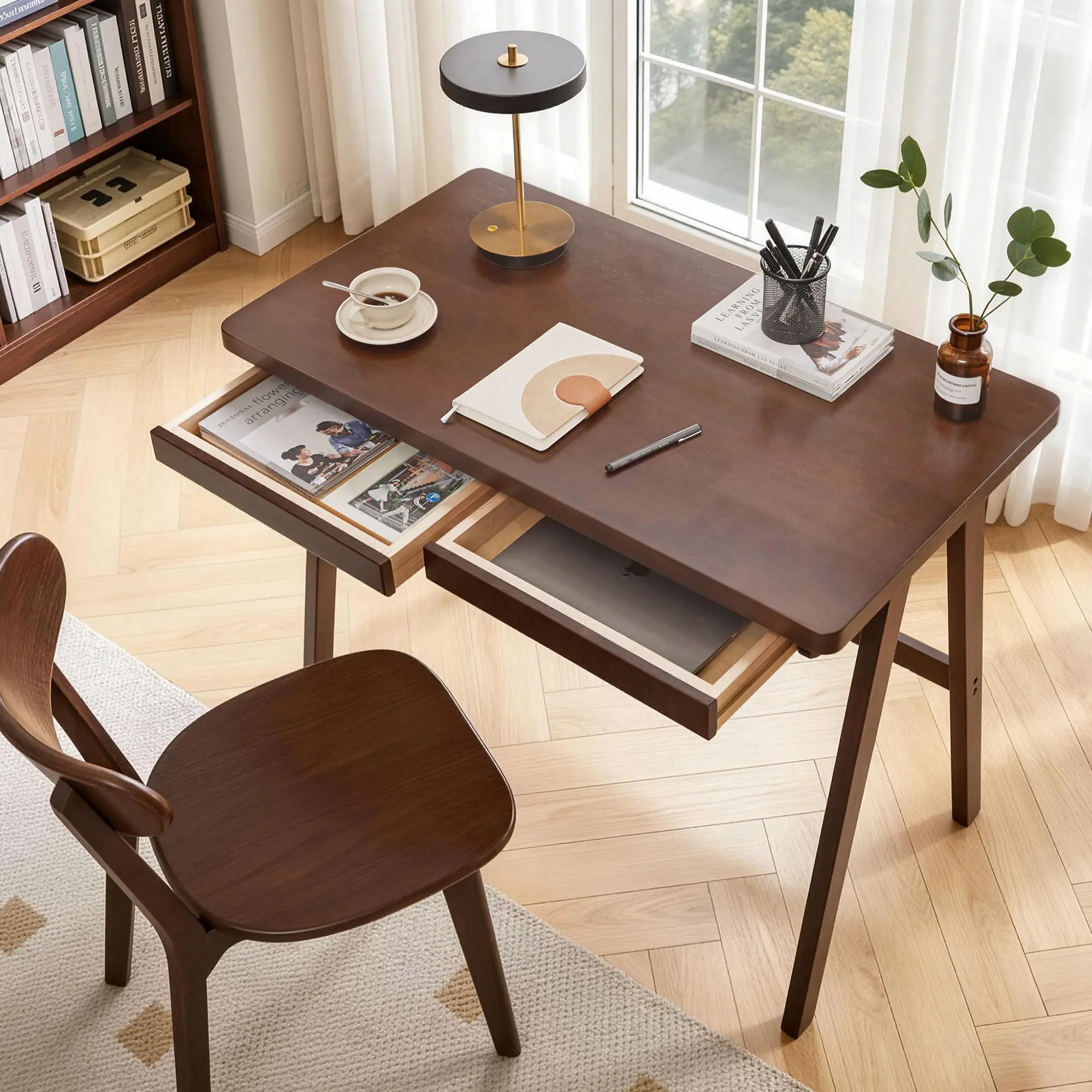 100% Solid Rubber Wood Computer Desk, Retro Walnut Writing Desk with Drawer, Sturdy A-Frame Leg, 39.37"×21.65", 0.71" Standard Thick Home Office Study TableW5368P512517